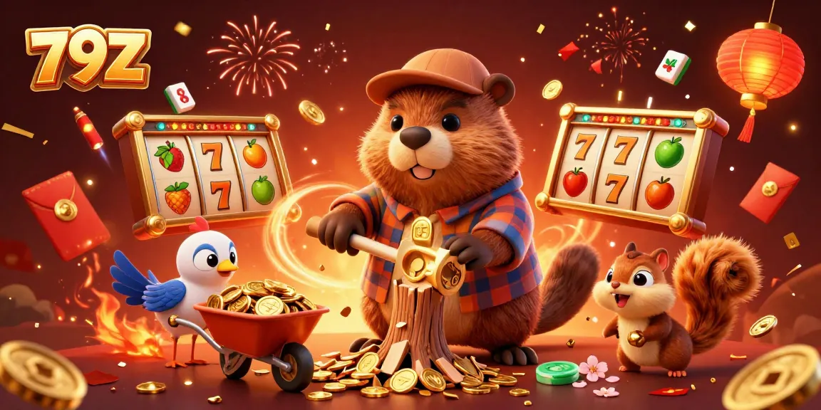 Experience the excitement of 79Z with a playful lumberjack beaver and gold coins raining down in this vibrant casino-themed scene.