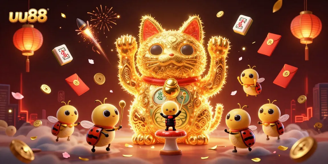 Experience the magic of uu88 with a lucky cat and casino symbols in a dynamic illustration.