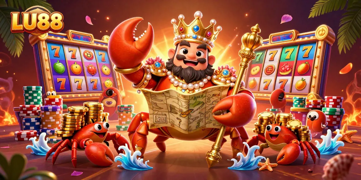 LU88 engages players with a golden crab emperor and vibrant slot game elements in a 3D casino scene.
