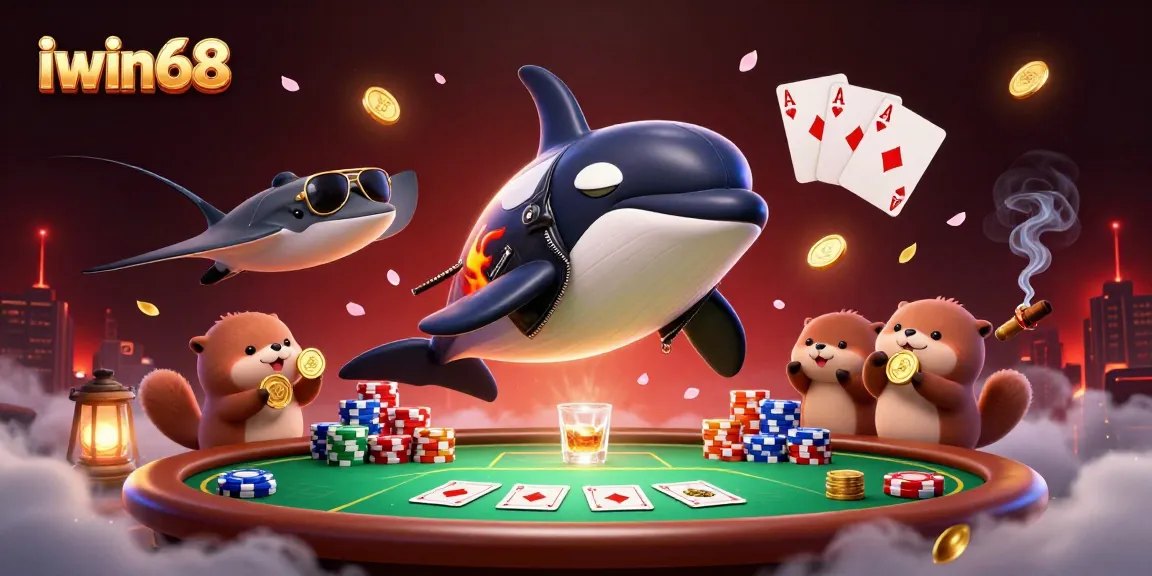 Win at iwin68 with a dynamic 3D illustration showcasing exciting casino characters and game elements.