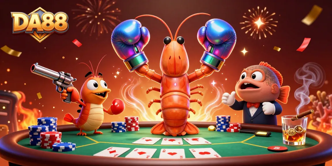 Engage with the thrilling DA88 casino scene featuring vibrant poker action and energetic characters.