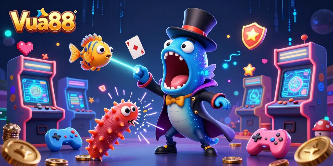 Engage with Vua88 through a magical casino scene featuring a deep-sea goblin eel and vibrant gaming elements.