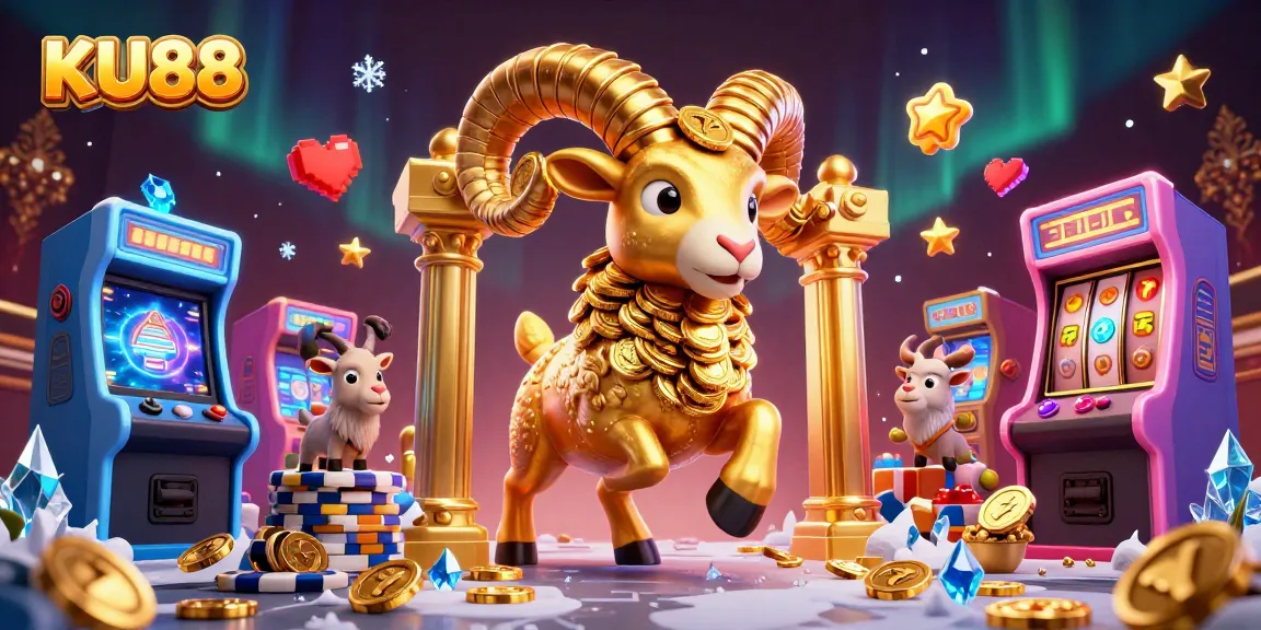 Engage in exciting gameplay with KU88's golden ram, spinning slot reels, and vibrant casino elements.
