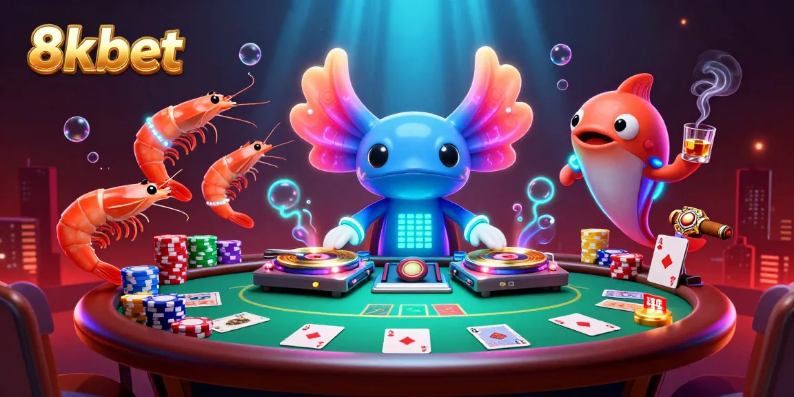 Experience thrilling poker action with 8xbet's vibrant casino illustration featuring dynamic characters and game elements.