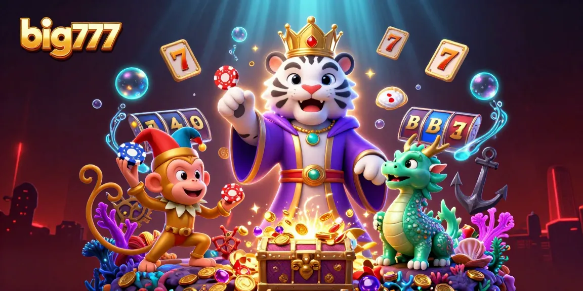 Win big777 jackpots with the majestic white tiger, playful monkey, and vibrant slot machine action.
