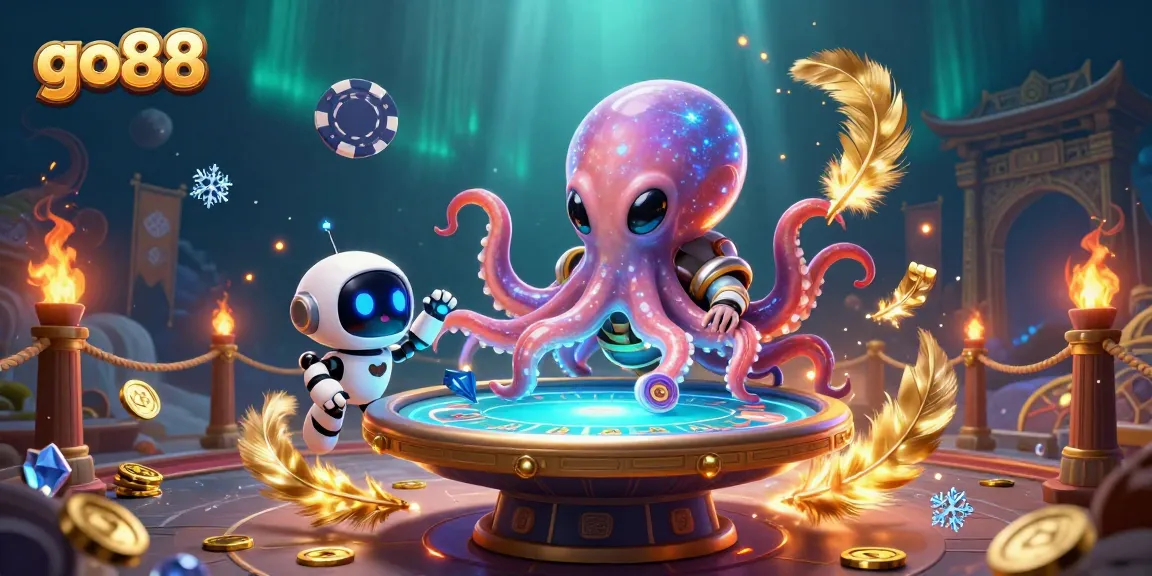 Experience thrilling gameplay at go88's holographic poker table with an alien octopus and epic casino elements
