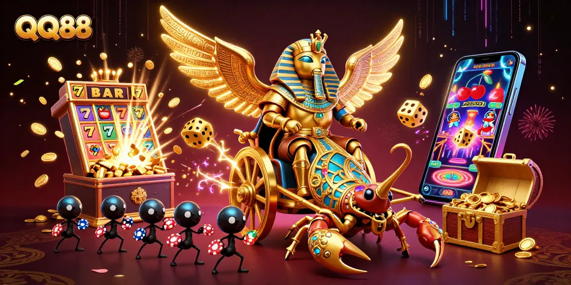 Experience thrilling action at QQ88 with a vibrant casino scene featuring a golden scarab and dazzling game elements.