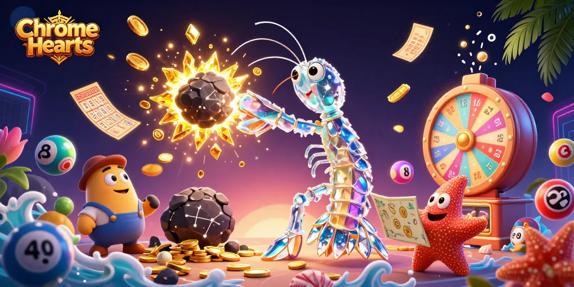 Engaging depiction of Chrome Hearts branding combined with a dynamic lottery scene featuring colorful elements and gold coins.