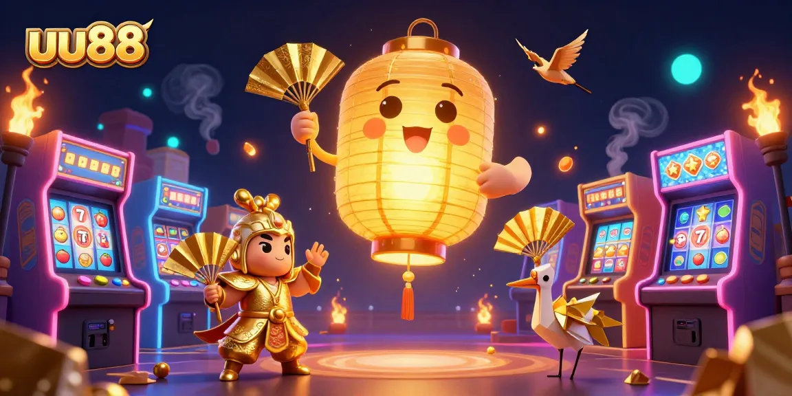 Experience thrilling gameplay at uu88 with a dynamic 3D casino scene featuring gold-themed characters, slot reels, and vibrant arcade machines.