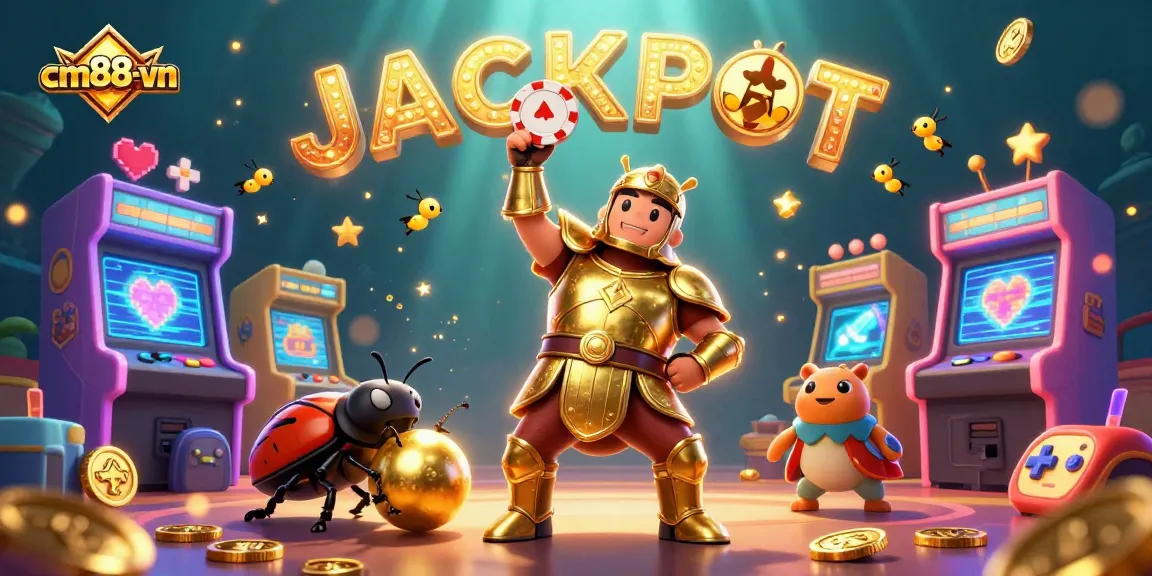 Experience the thrill of cm88-vn with a victorious beetle winning a jackpot amidst vibrant casino elements.
