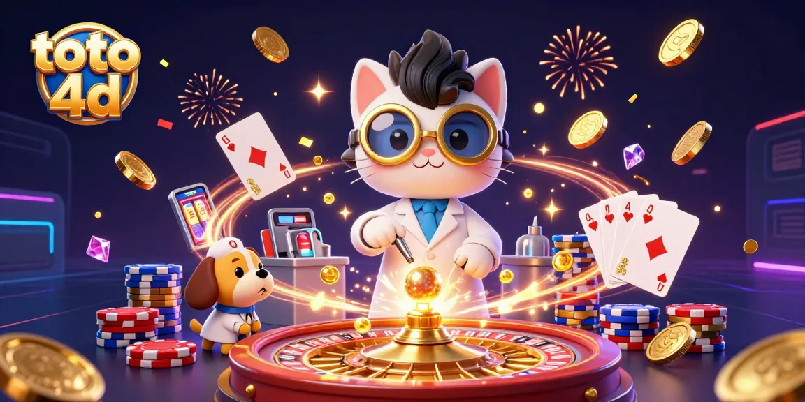 Experience the excitement of toto 4d with vibrant illustrations of casino elements and characters in action.