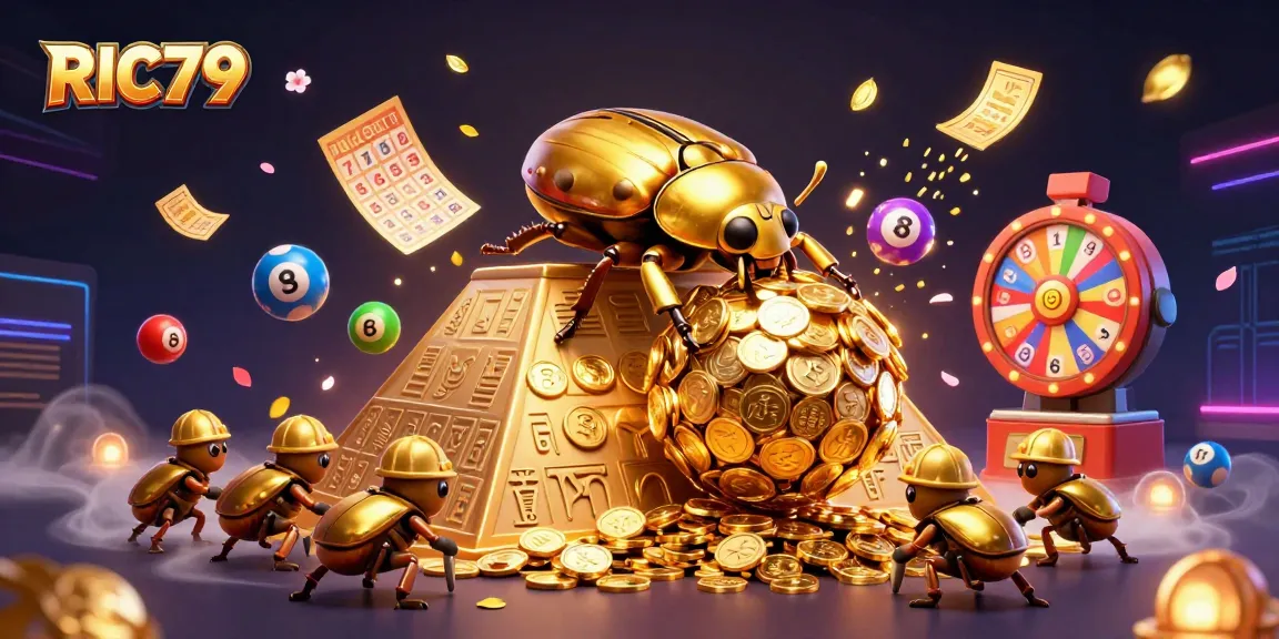 Experience thrilling RIC79 casino excitement with colorful lottery elements and golden treasures.