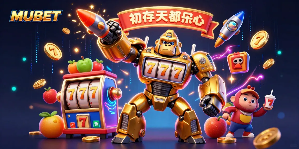 MUBET gameplay transformation showcasing a golden gorilla mech amidst a vibrant slot game setting.