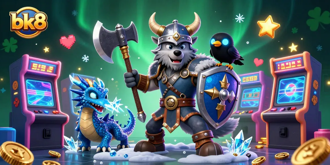 Engage with bk8 slots in a vibrant 3D fantasy casino featuring a wolf warrior and dragon.