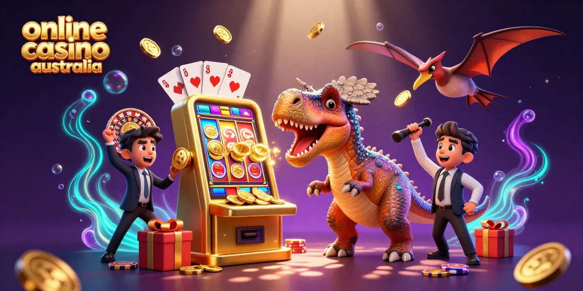 Online casino Australia scene with cartoon dinosaurs, jackpots, and vibrant gambling elements.