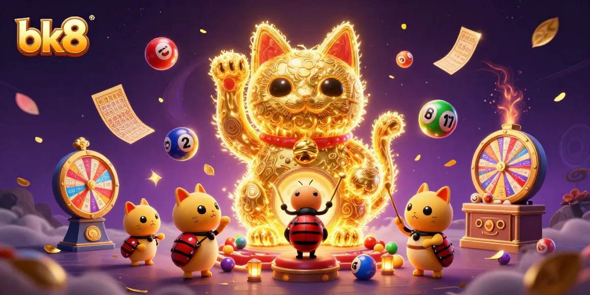 Experience the magic of bk8 with a golden cat and festive gaming elements in a vibrant casino scene.